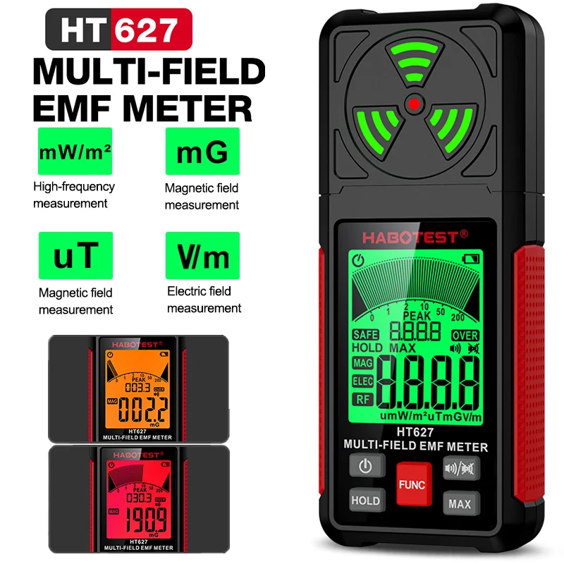 HT627 EMF Meter Portable Digital Electromagnetic Field RF Radiation Detector Radio Frequency Field Tester 3-Colors Backlight