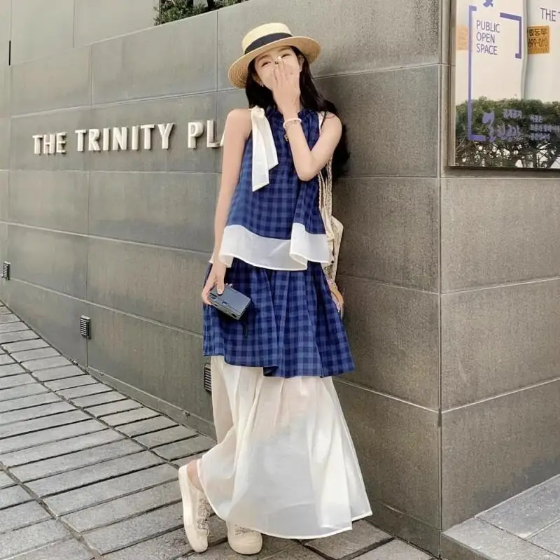 Women's Blue Plaid Two Piece Set Sleeveless Halter Top with Tulle Skirt Casual Loose Summer Outfit Beach Vacation Bohemian Suit view 5