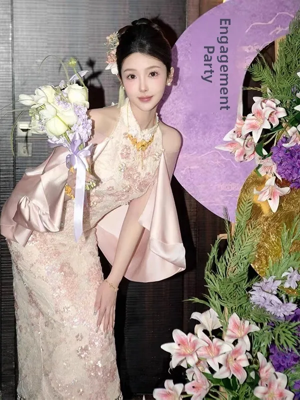 

Pink Bride Morning Robe New Chinese Sle Wedding Dr Exquisite Pre-Wedding Visit Return Home Beautiful Engagement