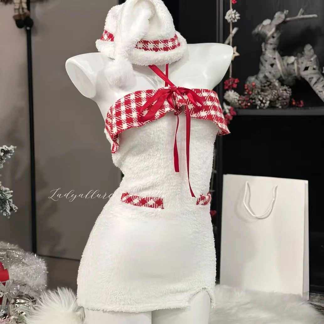 Vestido Halter blanco de felpa de Navidad con sombrero, disfraz de Cosplay, uniforme de Papá Noel, trajes de Navidad de Año Nuevo, ropa de dormir bonita para niña