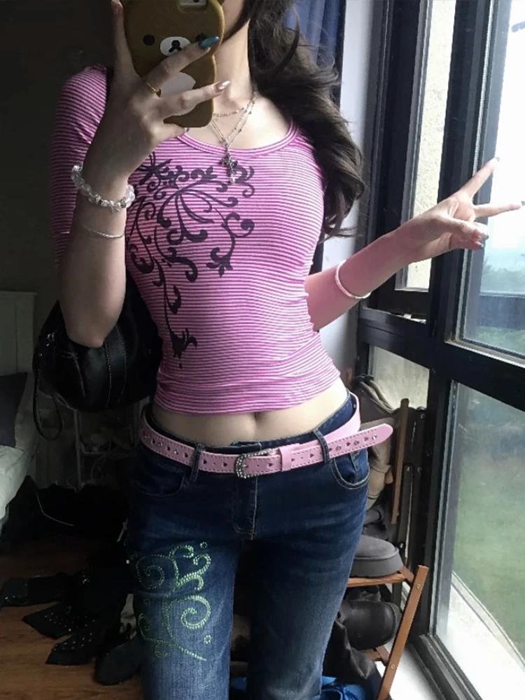 Genayooa Amerikanisches Retro-T-Shirt für Damen, bedruckt, mit Blumenmuster, halbe Ärmel, Y2k, japanische Vintage-Grafik-Tops, 2000er-Jahre, Fairycore-Streetwear – Detail 7
