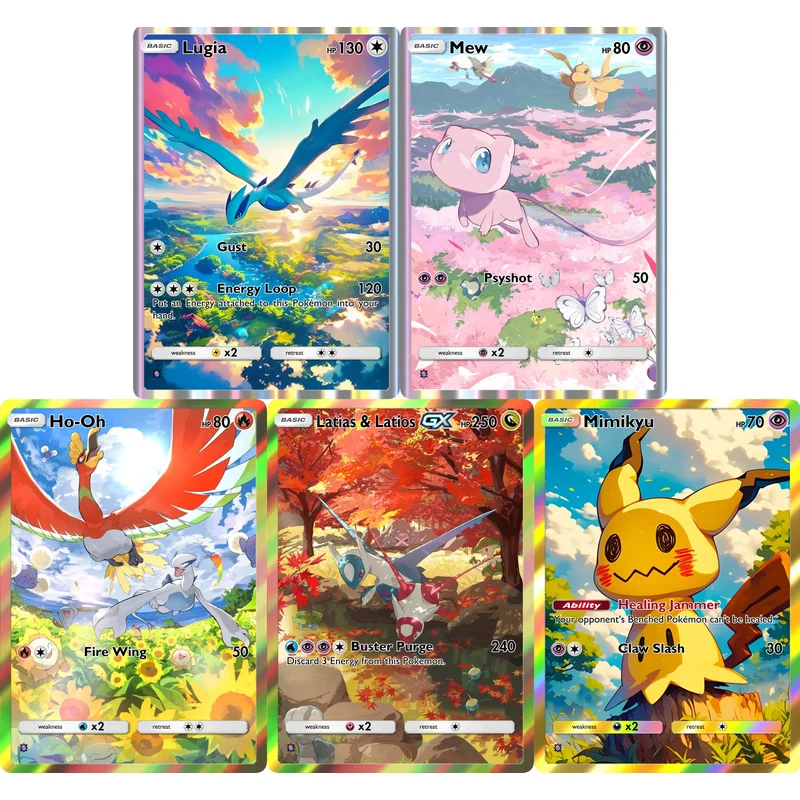 5-teiliges Gemischtes Sammelkarten-Set Lugia Mew Ho-Oh Latias Latios Mimikyu Full Art Holografische Sammelkarten Geschenk