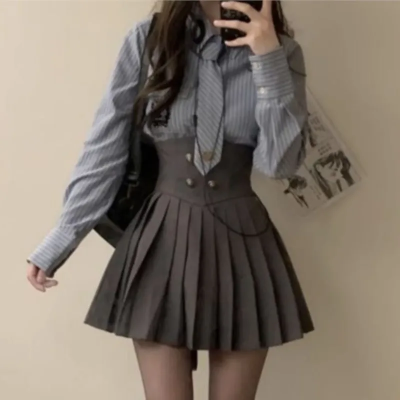 Autumn New 3 Piece Set Women Kawaii Skirt Suits Female Short Coat Pleated Mini Skirt Striped Shirt Y2K Korean Fashion Outfits