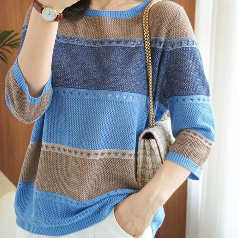 

Women's Clothing Sweater For Woman Top Pulls Femmes Autumn Korean Fashion Round Neck Striped Pullovers Long Sleeve Sweaters