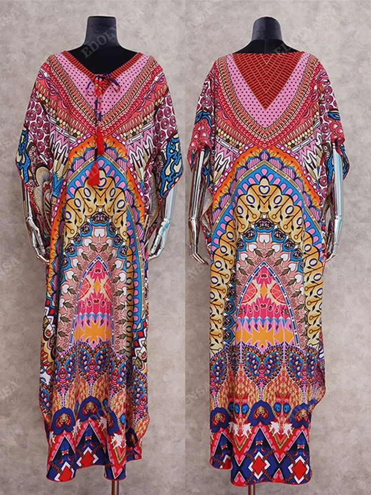 Vestido kaftan marroquino feminino, vestido boêmio estampado de verão, túnica longa, plus size, roupa de praia, roupa de banho, túnica de cobertura,