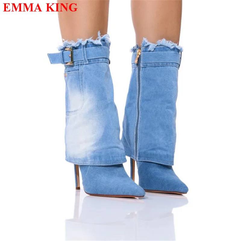 

Fashion Womens Short Cowboy Boots 2023 Female Denim Pocket Fold Ankle Boots Women Buckle Strap Zipper High Heels Ladies Shoes