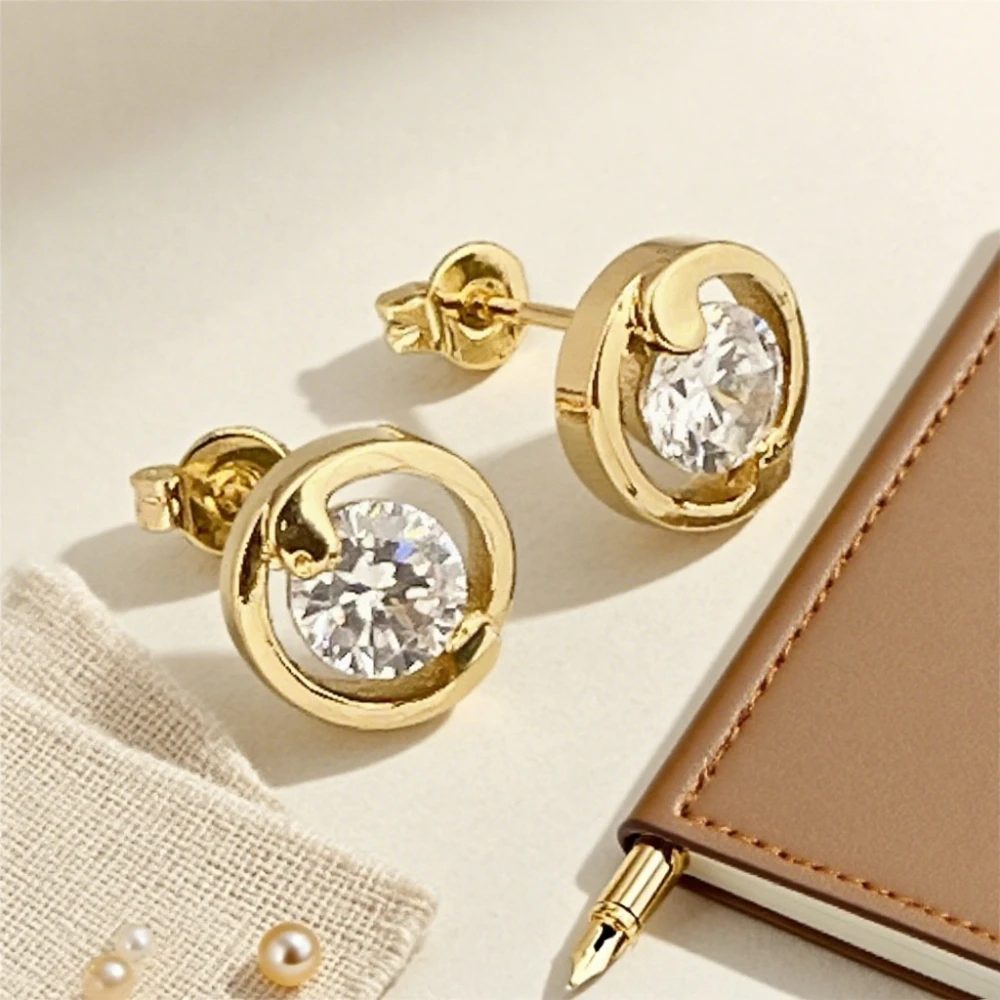 

24K vacuum gold plating stylish and exquisite women's zircon round small earrings, wedding engagement anniversary gift