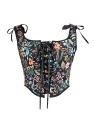Women Peony Floral Corset Tops Bustier Lace Trim Cross Tie-Up Renaissance Vintage Court Gown Sling Tank Tops