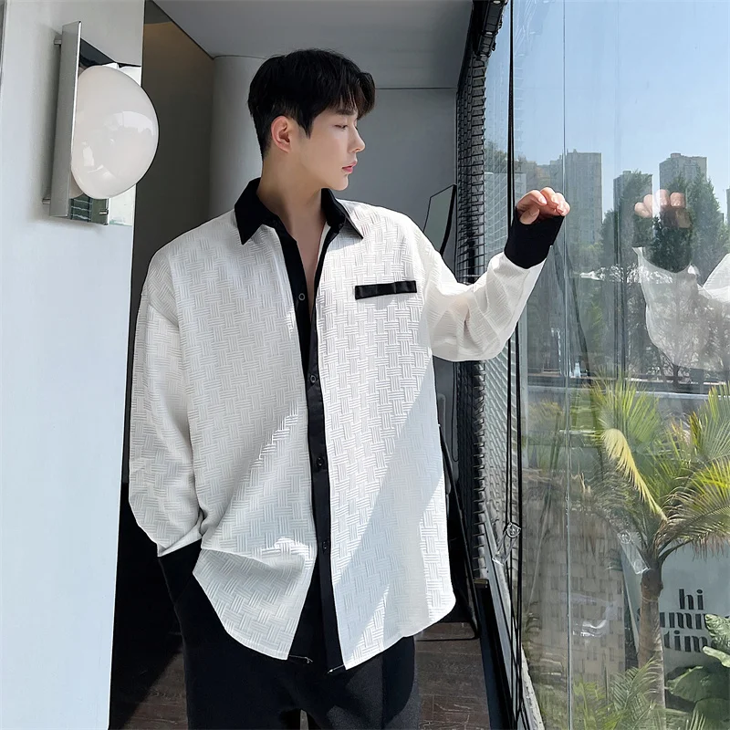 

Black White Patchwork Vintage Korean Fashion Men's Clothing Sweatshirts Men's Long Sleeve Button Up Social Shirts Tops B118