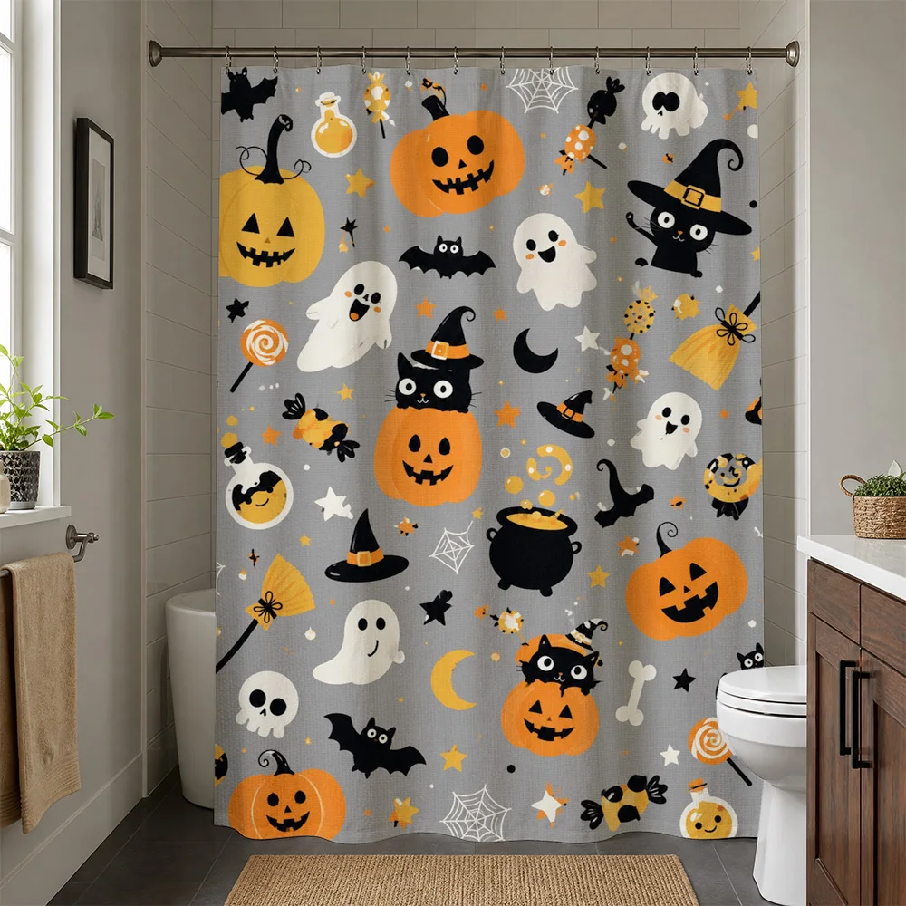 Spooky Halloween Shower Curtain Cute Pumpkin Ghost Witch Bat Pattern Bathroom Decor Novelty