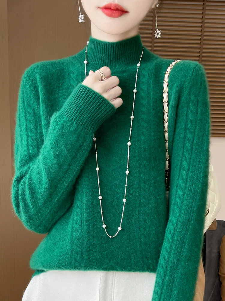 Women's Pullovers 100% Merino Wool Knitwear Contrast Color Semi-High Neck New Arrivals  Twist Flower Slim Fit Bottoming Sweater