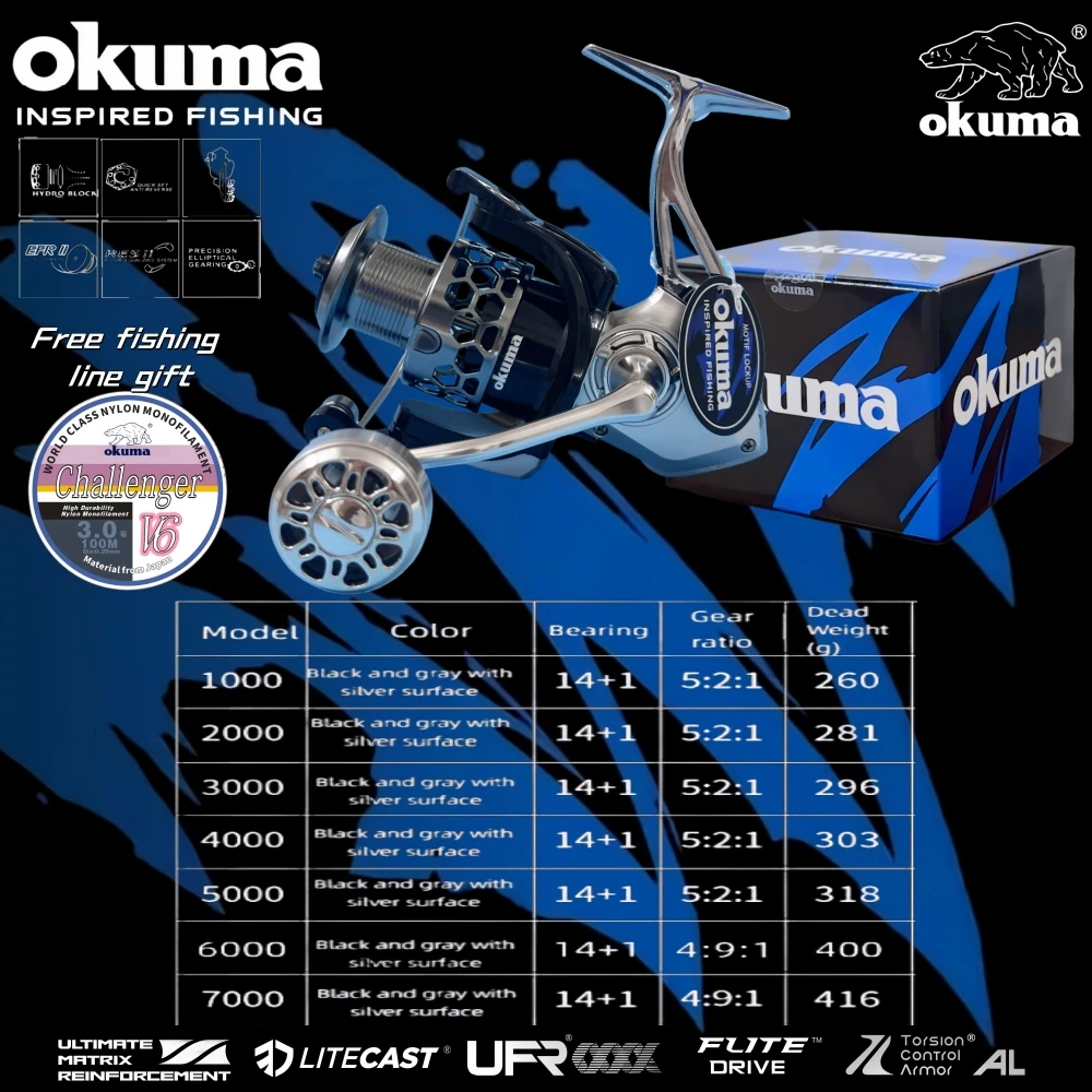 OKUMA Spinning Reels All metal High Performance Fishing Reels,18KG Max Drag,14+1 Bearing,5.2:1/4.9:1Gear Ratio,Gift fishing line