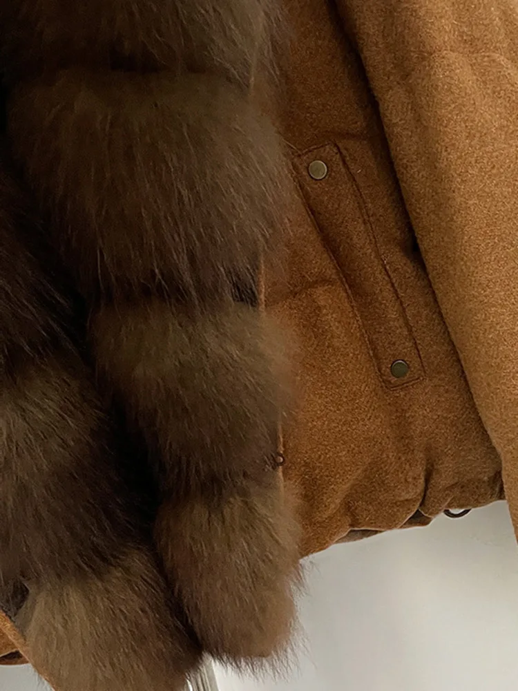 Damska krótka kurtka puchowa ZMEENNA z futrzanym kołnierzem, mieszanka wełny, luksusowa ciepła odzież wierzchnia, modna i szykowna, model ZM4314