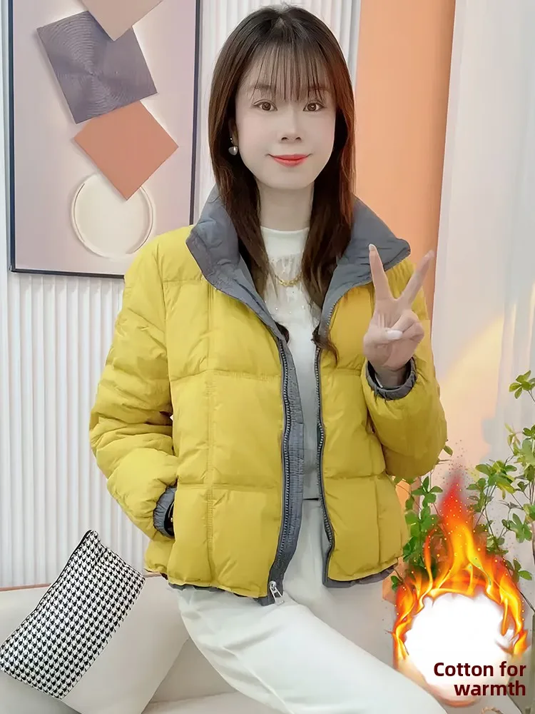 

Women's Fce Lined Thiened Warm Cotton Jaet ort Sle Stand Collar Winter New Arrival Contrast Color Korean Version