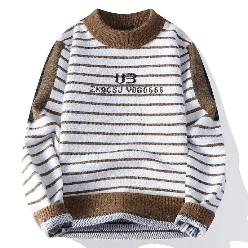 

Мужской свитер большого размера из трикотажа с начесом под норку, теплый базовый слой, летняя модная одежда, длинный рукав, круглый вырез