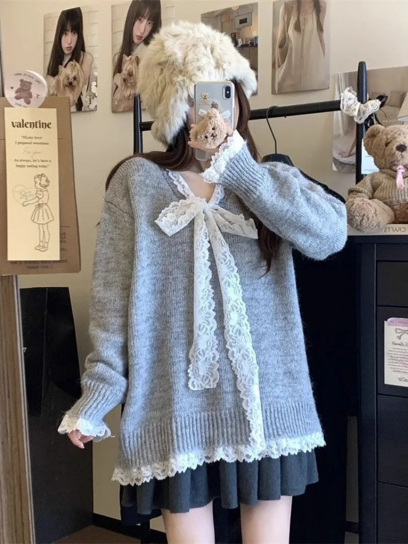 

Женский свитер Y2K, топы с длинными рукавами, кружевной бант, корейская мода, трикотаж, осенняя популярная одежда, женские пуловеры, наряды, серый, розовый