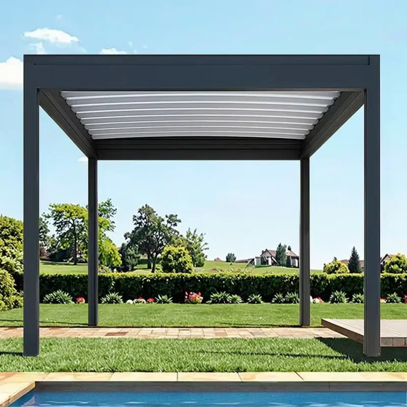 Amas Waterproof Eco-Friendly Bioclimatic Aluminum Pergola with Electric Motor for Balcony and Patio White UV Protection