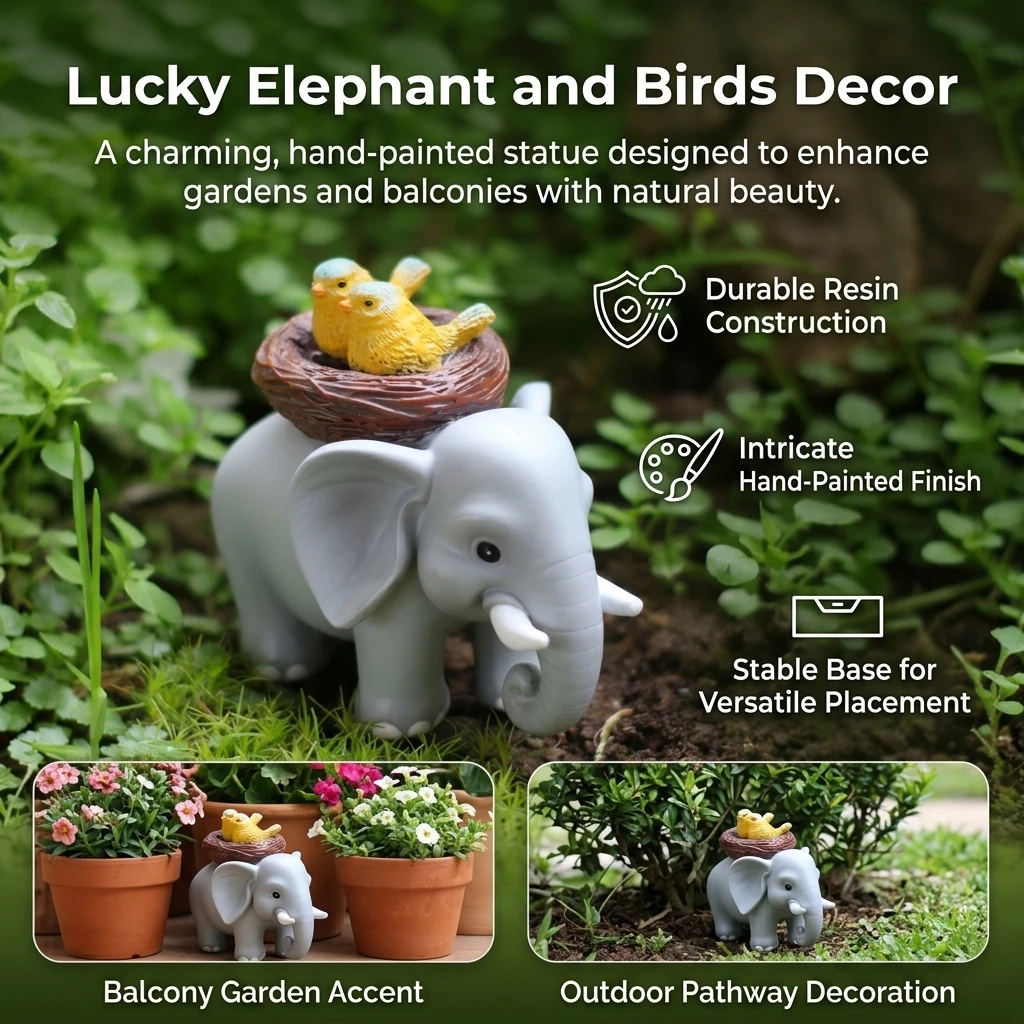Resin Elephant And Yellow Bird Ornament For Outdoor Garden Decoration Craft