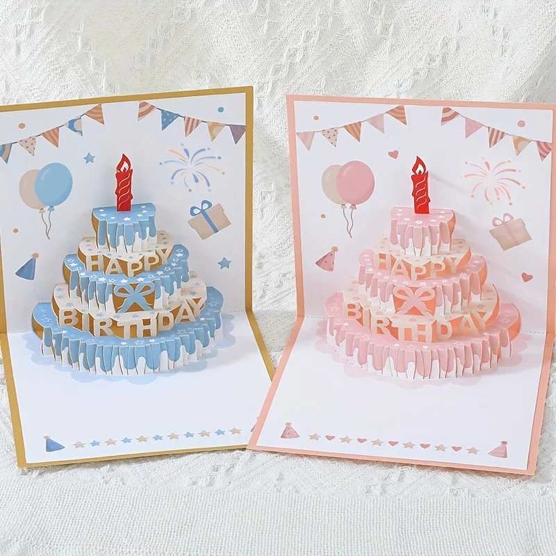 1 Stück Geburtstagsgrußkarte mit 3D-Kuchen-Design, im farbenfrohen und niedlichen Pop-Up-Stil, für Geschenke und inklusive Umschlag.