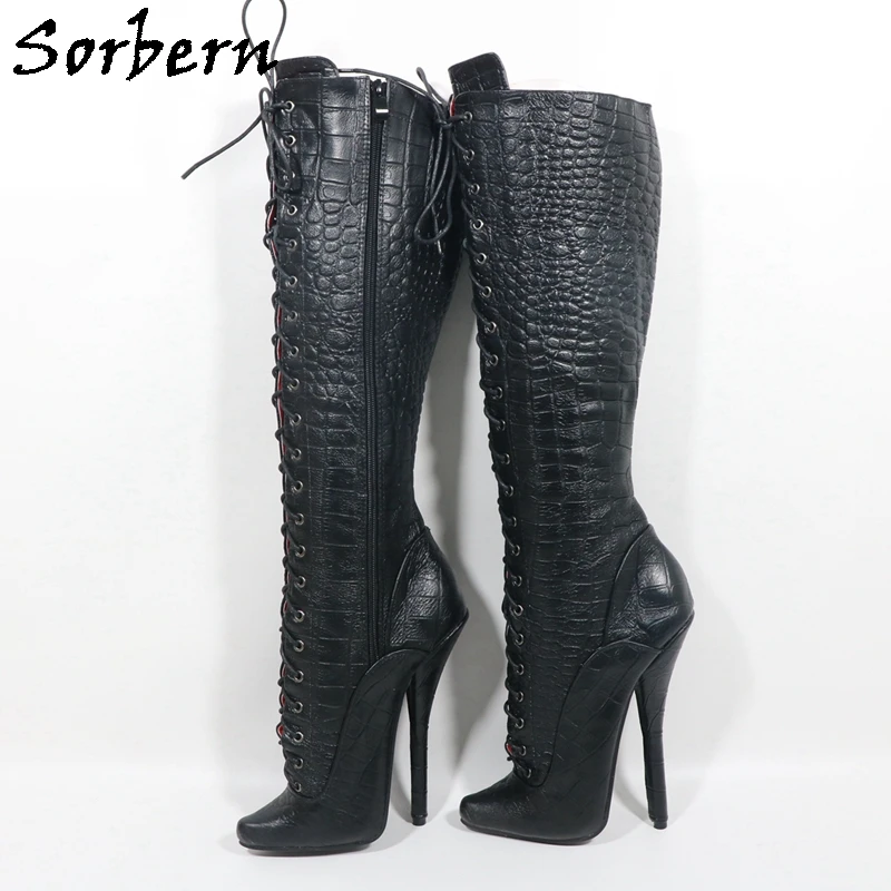 

Sorbern Black Genuine Leather Crocodile Knee High Boots Women Lace Up Strange Ballet Stilettos Side Zipper Size Custom Colors