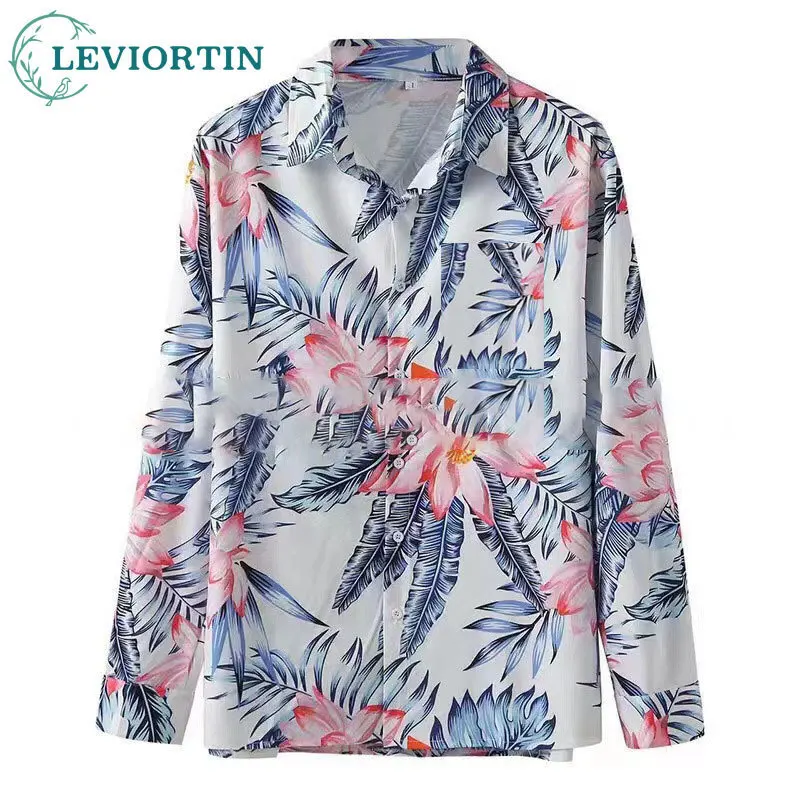 2025 Spring and Autumn New Men's European and American Style Retro Flower and Leaf Printed Loose Long Sleeve Inch Shirt Trend
