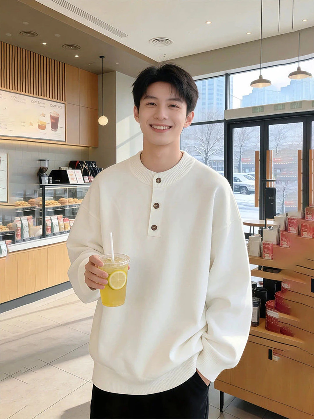 

Утепленный белый вязаный свитер с воротником Хенри для мужчин, зимний базовый слой, американский ленивый стиль, шерстяное пальто, повседневный комфортный крой