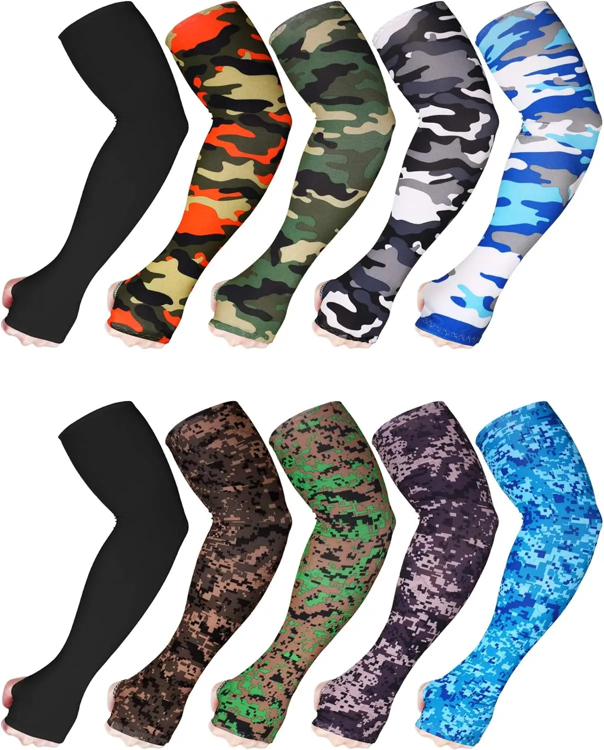 

10 Pairs Camo Arm Sleeves for Men - Elastic Cooling UV Sun Protection, Compression Sport Sleeves for Cycling