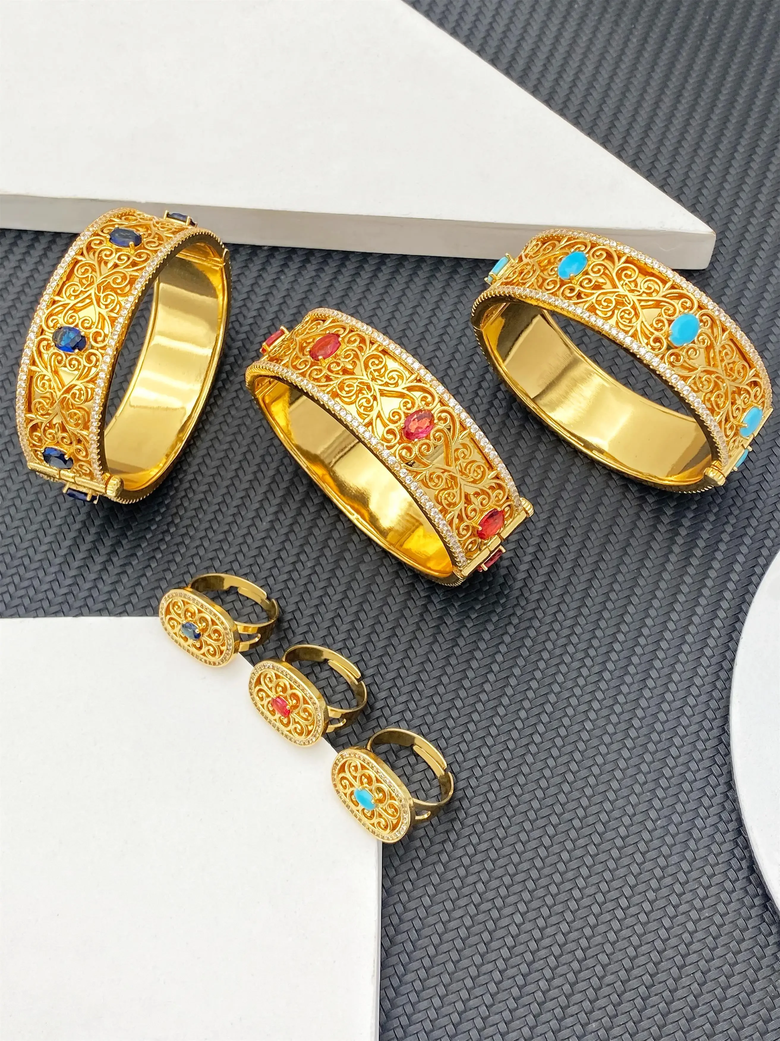 

New Fashion For Women Dubai Wedding Plated-Gold Color Bangle Ring Jewelry Set African Gift Bridal Jewelry Luxury Unique Jewelry