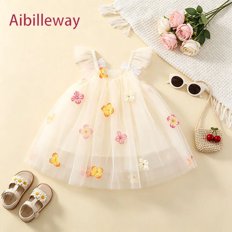 Toddler Girl Sleeveless Mesh Tutu Dress Colorful Flowers Children Sweet Bow Summer Birthday Party Evening Dresses Newborn Outfit
