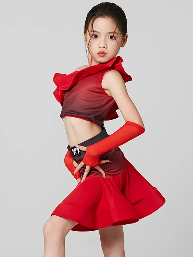 Kids Girls Latin Dance Ruffles Top Large Skirt Hem Gradient Red Ballroom Rumba Dancewear Training Chacha Performance Costumes