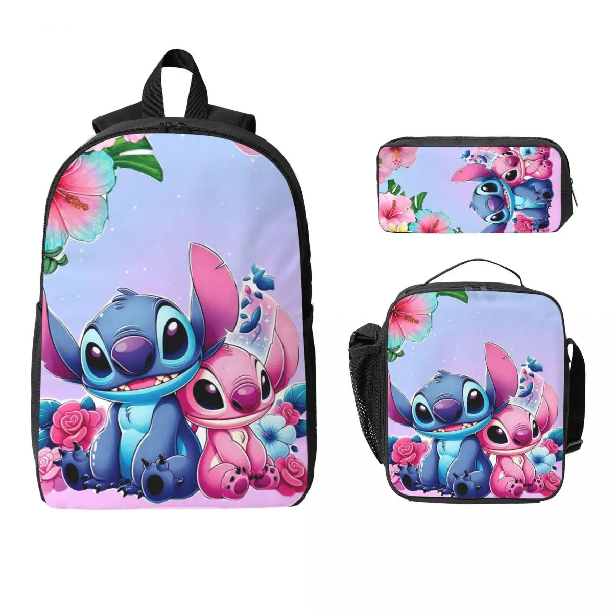 

Stitch And Angel Cartoon Backpack Student Boys Girls BookBag School Bag Laptop Shoulder Bags 3ps Insulated Lunch Bag Pencil Case
