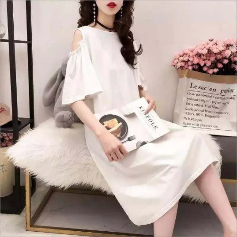 Women Patchwork Sexy Off Shoulder T Shirt Beach Midi Dress Summer Trendy Short Sleeve Chic Simple Party Dresses