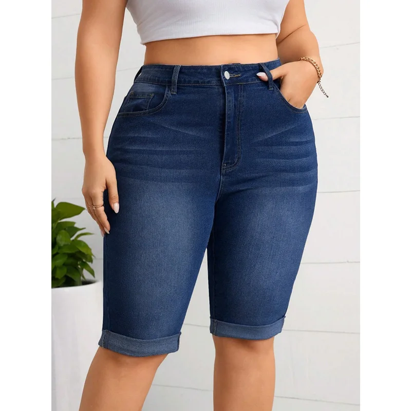Benuynffy Plus Size Vintage Mid Waisted Rolled Hem Pencil Jeans Women Summer Washed Blue Stretch Denim Half Pants Streetwear view 5
