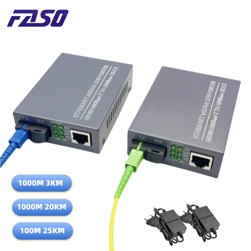 

20KM Gigabit Fiber Optical Media Converter 100/1000Mbps Ethernet Transceiver RJ45 Single Mode Single Fiber SC Port Power Supply