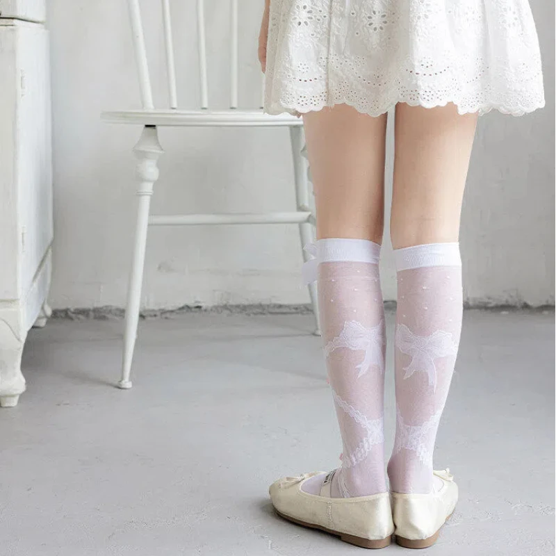 Lolita Stockings For Teen Girls Spring Summer Elegant Ballet Faux Tie Strap Craft Jacquard Texture Adorned With Multi Bow Socks