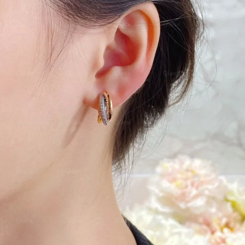 Vintage Glossy Fashion Semi-circle Earring Light Luxury Color Separation Diamond Winding Three Earrings for Women Fine Jewelry