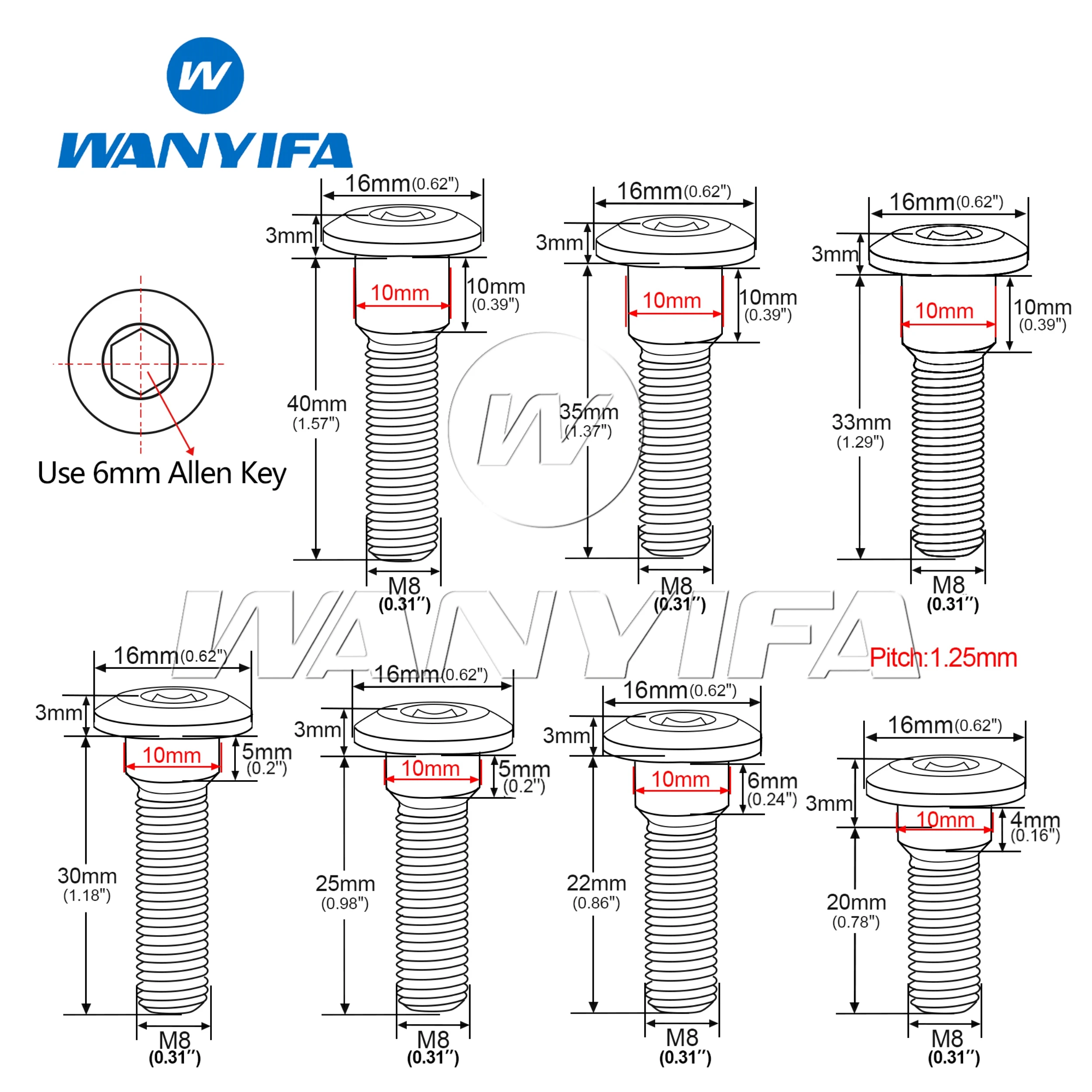 Wanyifa Titanium Ti M8x20 22 25 30 33 35 40mm Bolt Screws Hex Socket Head for Suzuki Yamaha Disc Brake Rotor Bolts