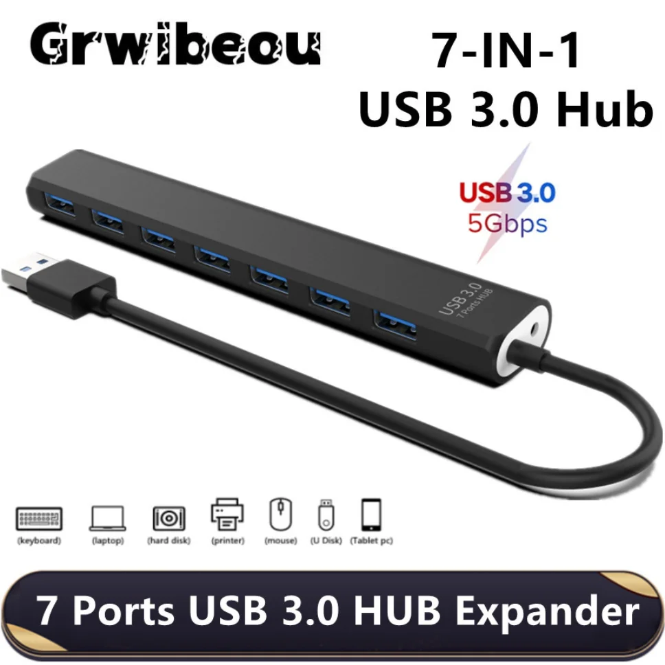 USB Hub 7 Port USB 3.0 Hub Adapter 5Gbps USB Splitter USB 3.0 2.0 Expander Multiple Port Expander USB Hub Computer Accessories