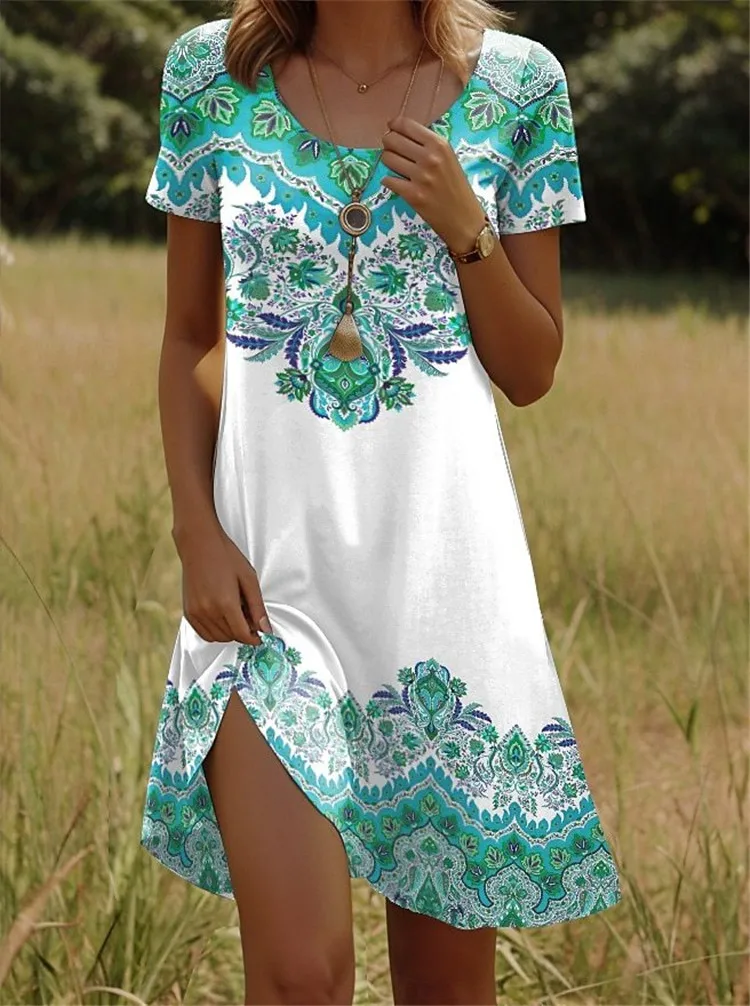 Ethnische Blumen Kurzarm O-ansatz Mini Kleid Frauen Retro 3D Druck Lose Kleid Outdoor Casual Mode Sommer Plus Größe Kleid 9XL