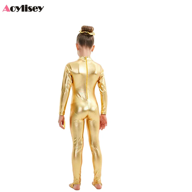 Ragazze Shiny Metallic Unitards staffe abbigliamento da ballo ginnastica body Dancewear Stage Performance Show Suit Costume di Halloween