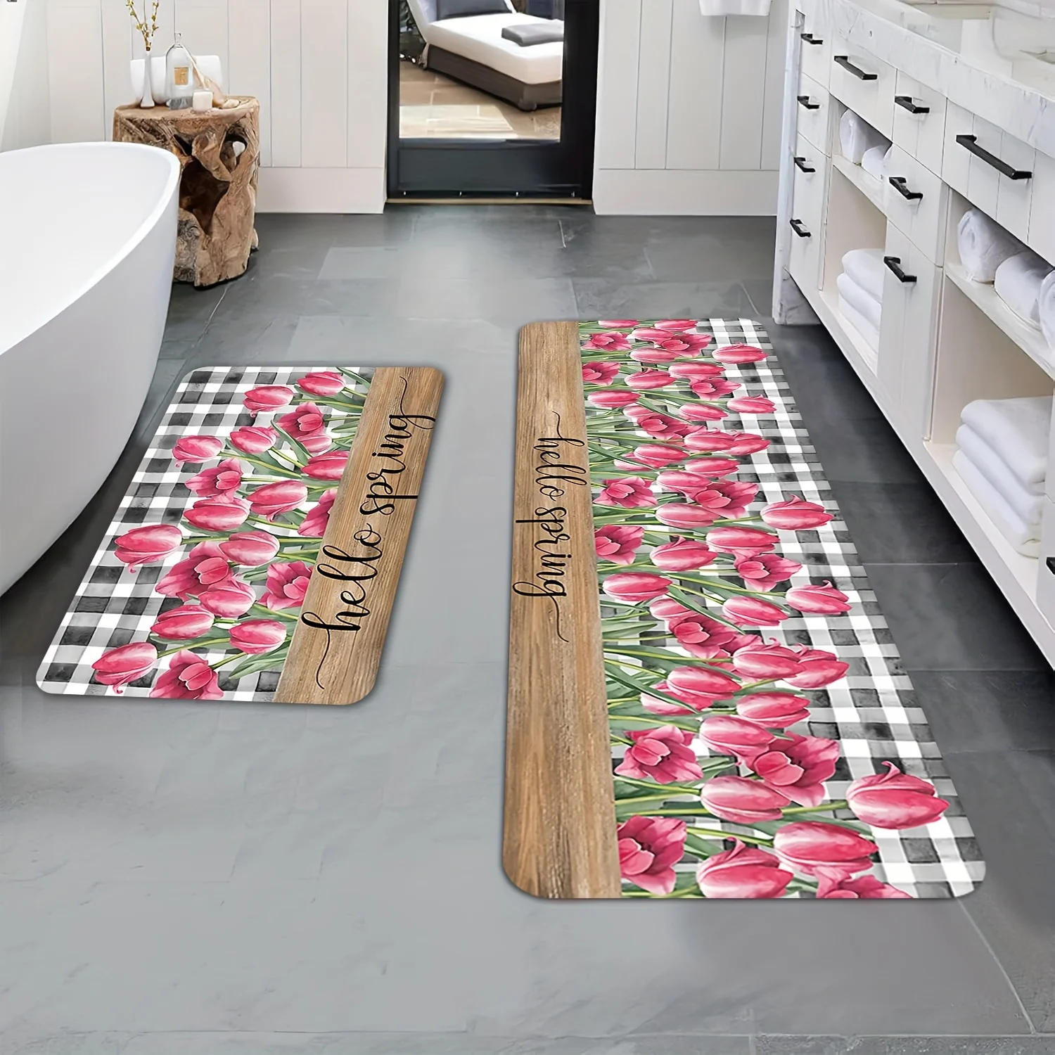 Rural Style Tulip Printed Carpet L-shaped Kitchen Sink Long Carpet Door Mat Flower Grid Living Room Bedroom Living Room Door Mat