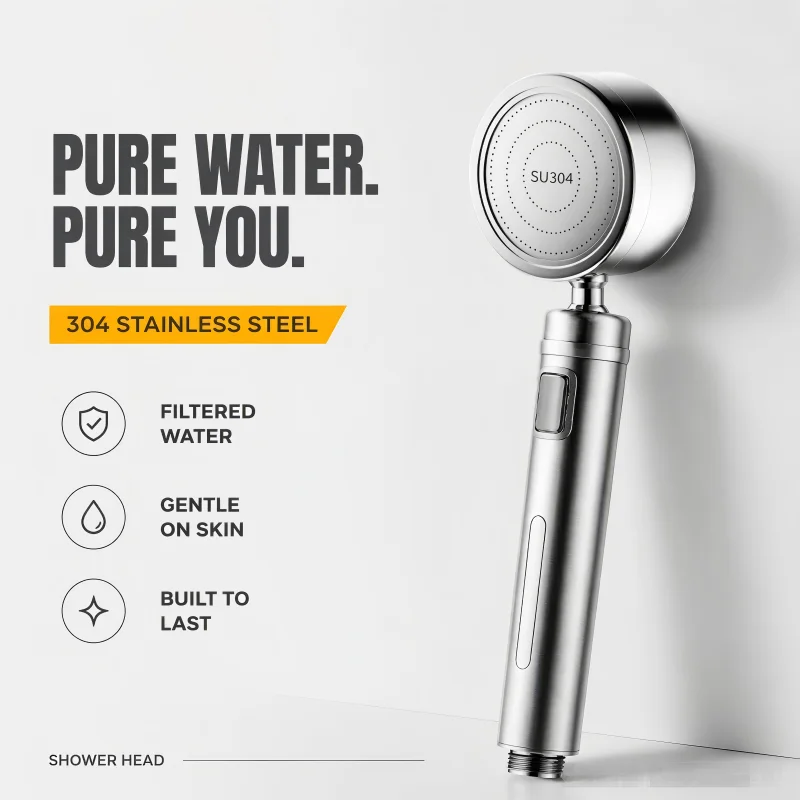 304 Stainless Steel High Pressure Shower Head - Filtered Anti-Scald Bathroom Spray Nozzle with Booster for Rainfall Shower Use