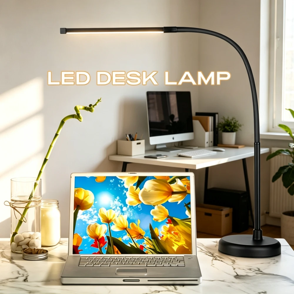フレキシブルなグースネック型ledデスクランプ。目に優しい設計で、オフィスでの読書や勉強に最適。3色の光と段階調整可能な調光機能付き。