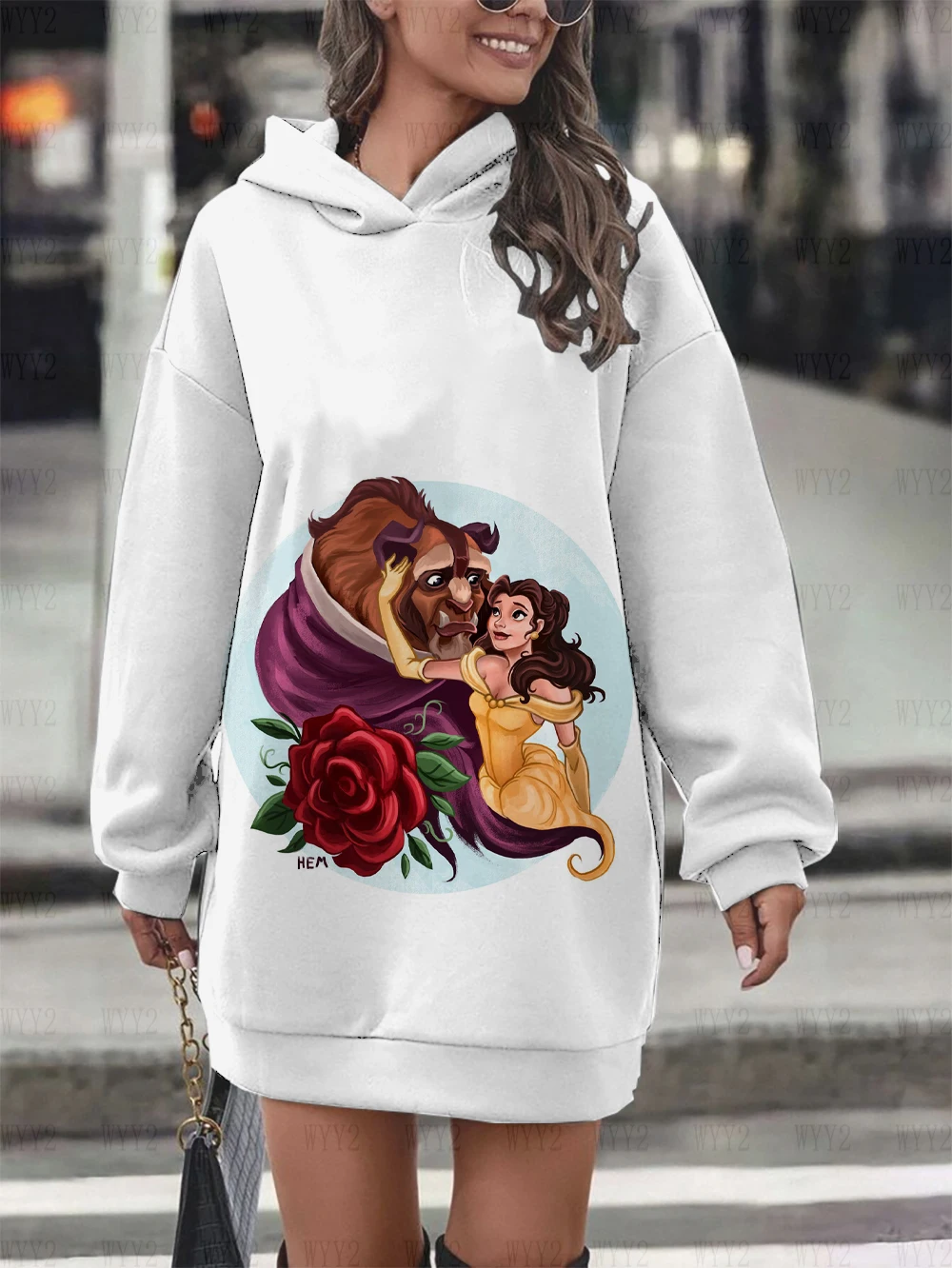 Felpa con cappuccio da donna stampata con motivo cartoon La Bella e la Bestia, felpa con cappuccio da donna classica in stile retrò primaverile e autunnale