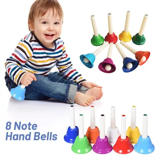 Imagen 2 del producto Campanas de mano de 8 notas, conjunto de instrumentos musicales para bebés, mango de madera para guardería, campanas educativas de Navidad para niños S8o0