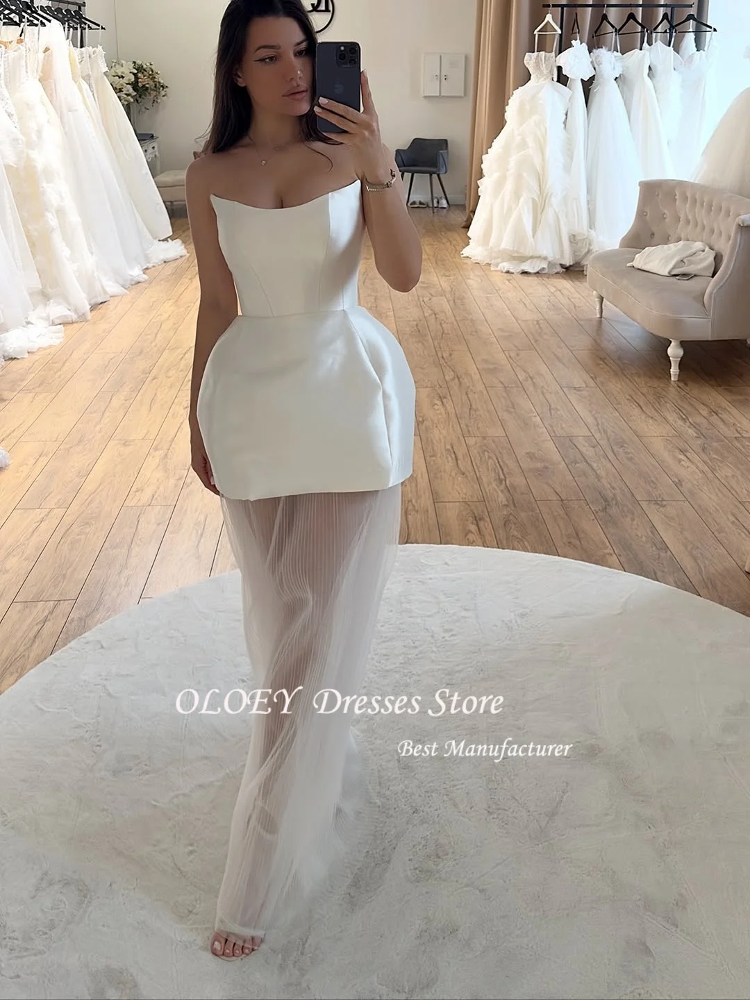 OLOEY Maßgeschneiderter bodenlanger Satinrock aus Mesh-Stoff, فسات Vara Na Prov Diego Diego Diego Strapless Brautkleider, Abschlussball, Hochzeit