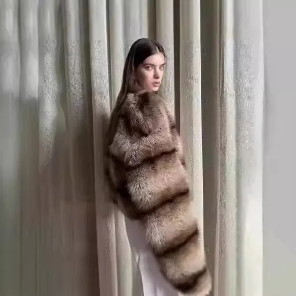 KIDCRKJ Women Winter Artificial Fur Outwear Round Neck Plaid Short Lady Mink Fur Jacket Versatile Chic Female Faux Fox Fur Coat