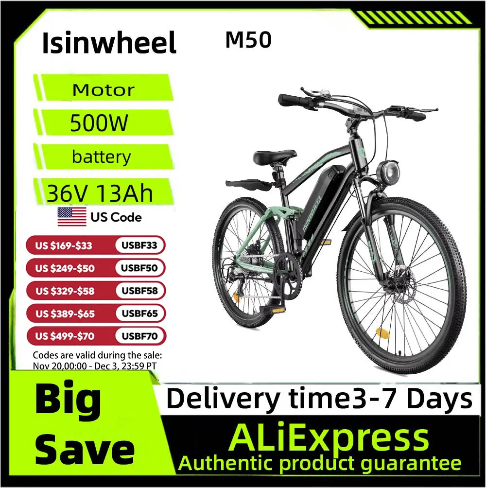 

Isinwheel M50 Dual suspension E-bike For Adult 36V 13Ah Battery 500W Motor 27.5 Inch Tires City Electric bicycle