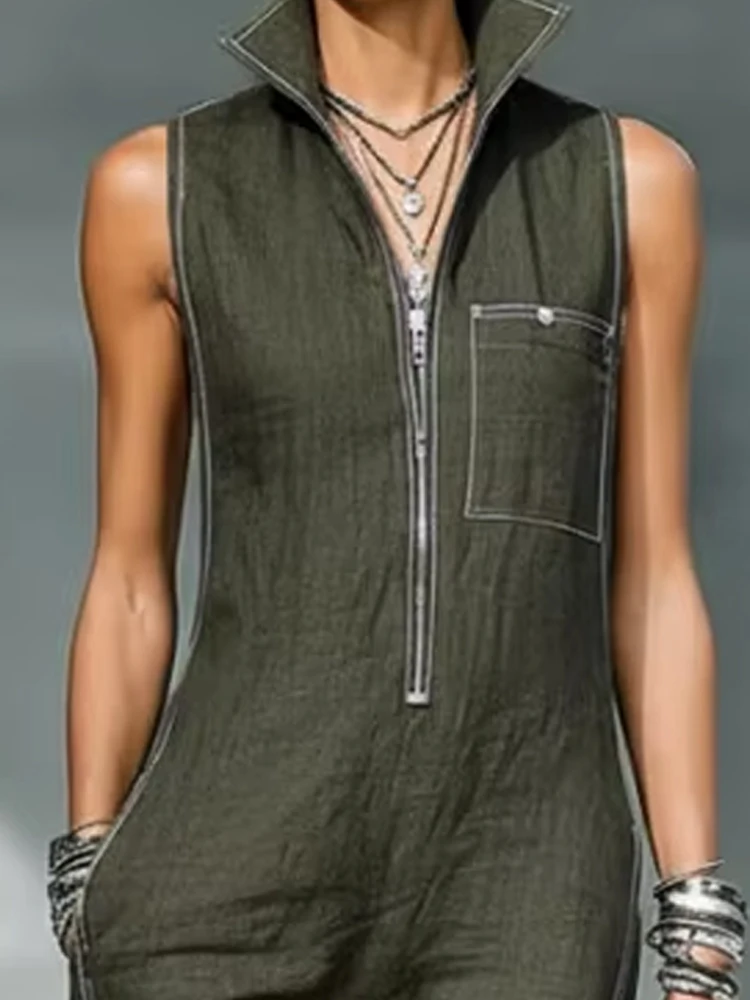

Casual Pocket Zip Loose Playsuits Fashion Stand Collar Sleeveless Long Jumpsuits Women's Elegant Cotton Linen Solid Party Romper