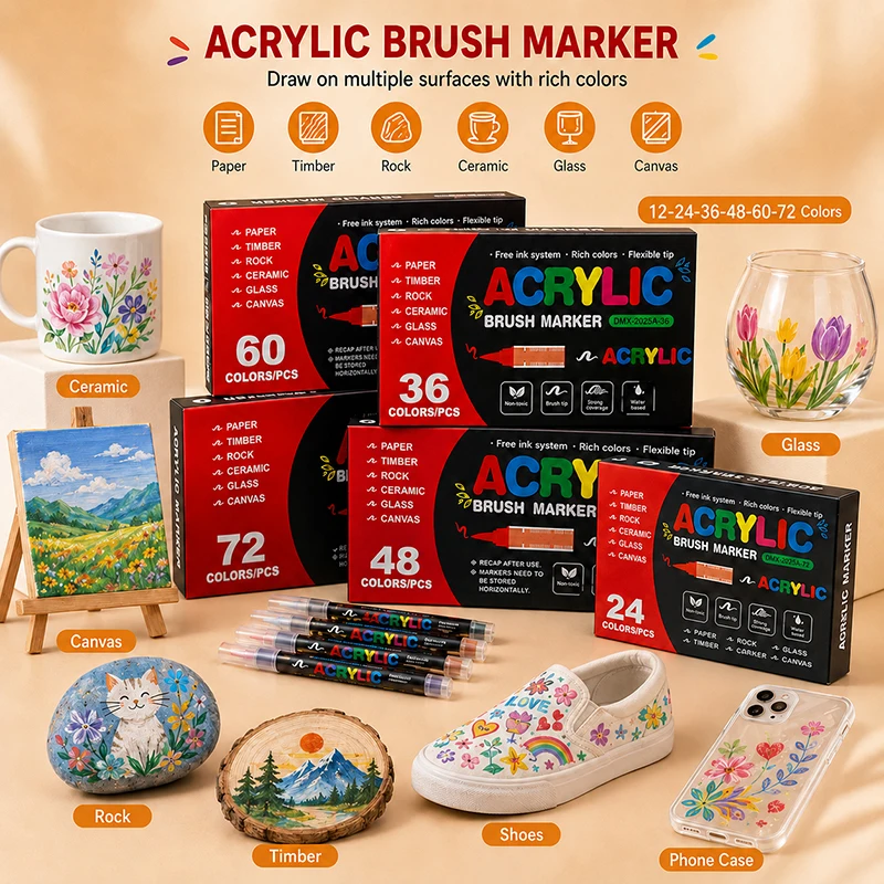 12-72 Colors Acrylic Paint Markers, Direct Ink Flow Brush Pens for Rock Wood Glass Ceramic Canvas DIY Art